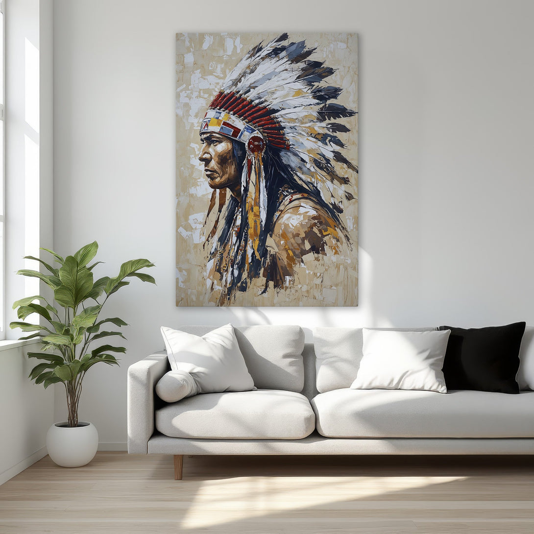 Framed Wall Art of Native American in a neutral color palette. Add a touch of elegance to your space with this stunning canvas print.