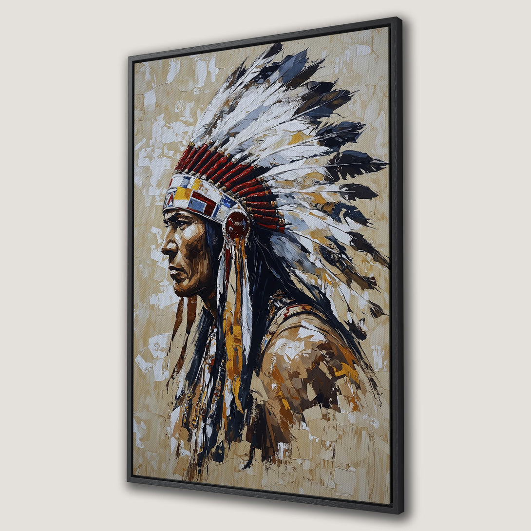 Framed Wall Art: Native American portrait Canvas Print in warm earth tones and bold brushstrokes. Perfect for adding a touch of history and art to your home decor.
