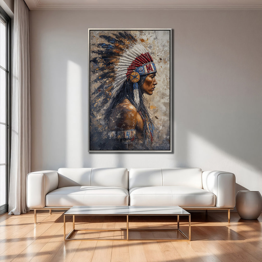 Framed Wall Art: Native American portrait in warm, earthy tones. Rustic style Canvas Print adds cultural elegance to any room. Shop now!