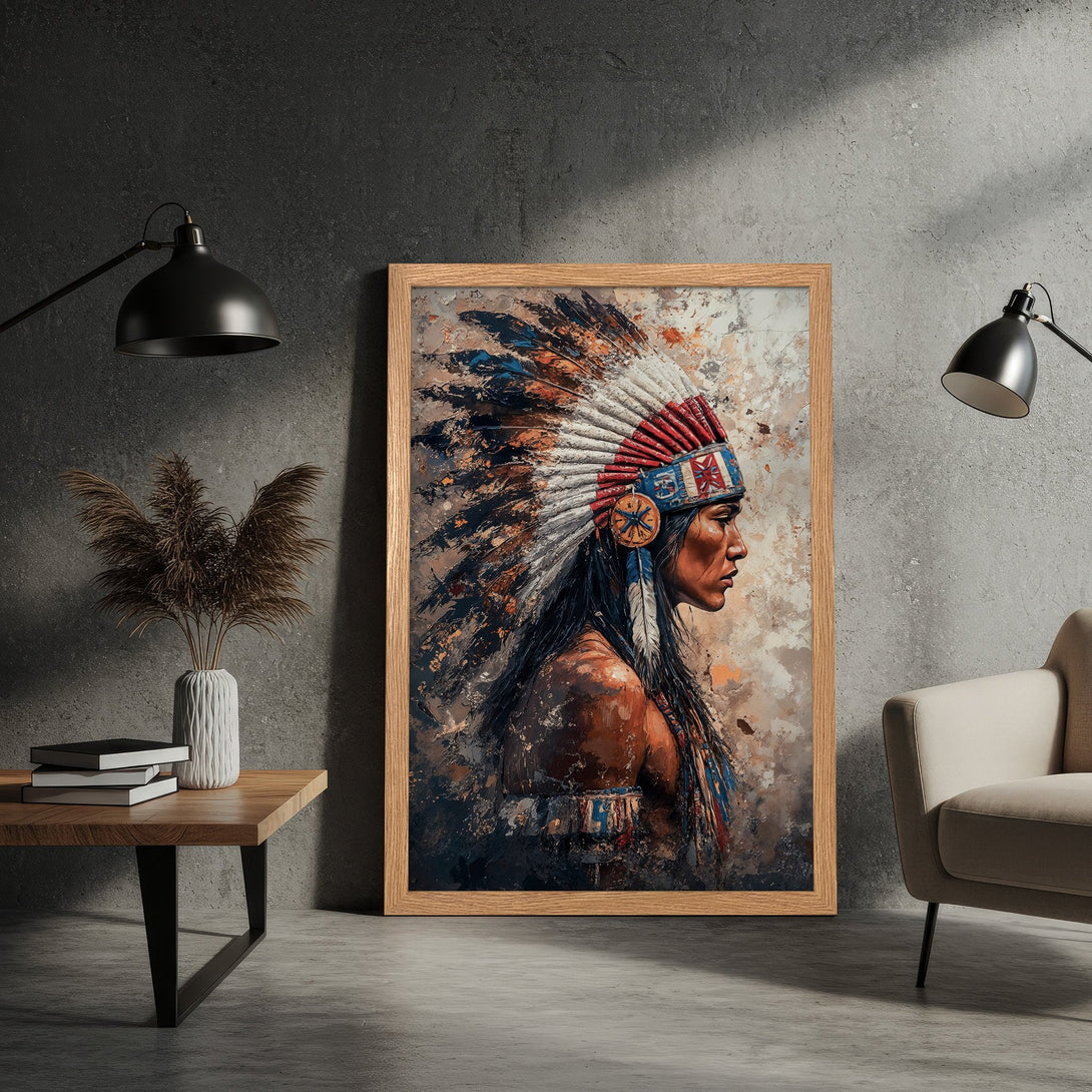 Framed Poster featuring a Native American portrait. Artistic style with a neutral and earthy color palette. Add this stunning art to your home!