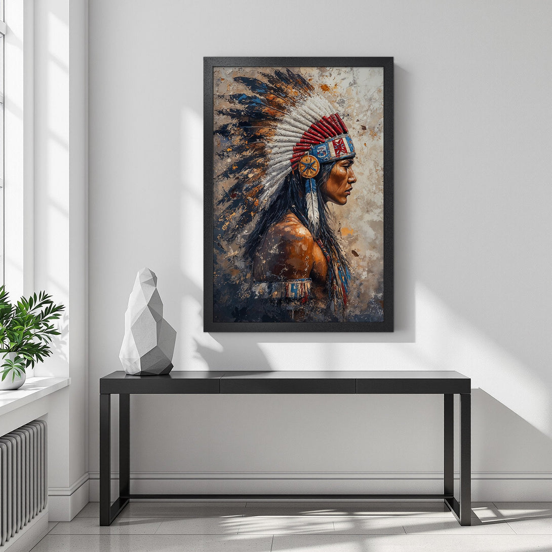 Framed Poster featuring a Native American portrait in a textured, painterly style with earthy tones and pops of color. Perfect wall art!