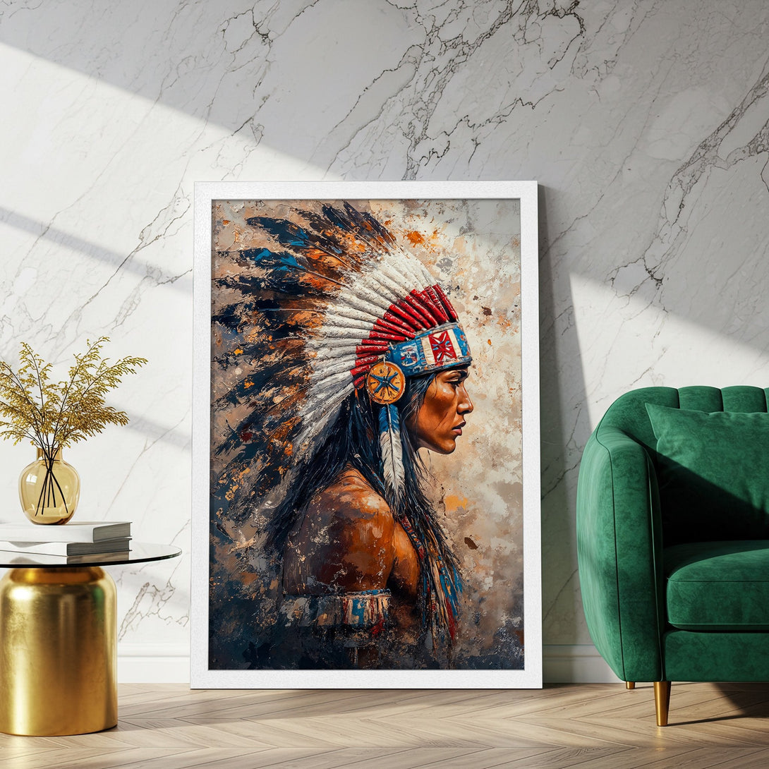 Framed Poster of Native American in profile, art style with warm tones and blue accents. Perfect wall decor.