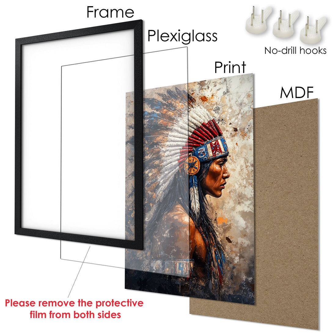 Framed Poster featuring a Native American portrait, artistic style, with a warm, earthy color palette. Decorate your space with this beautiful Poster.