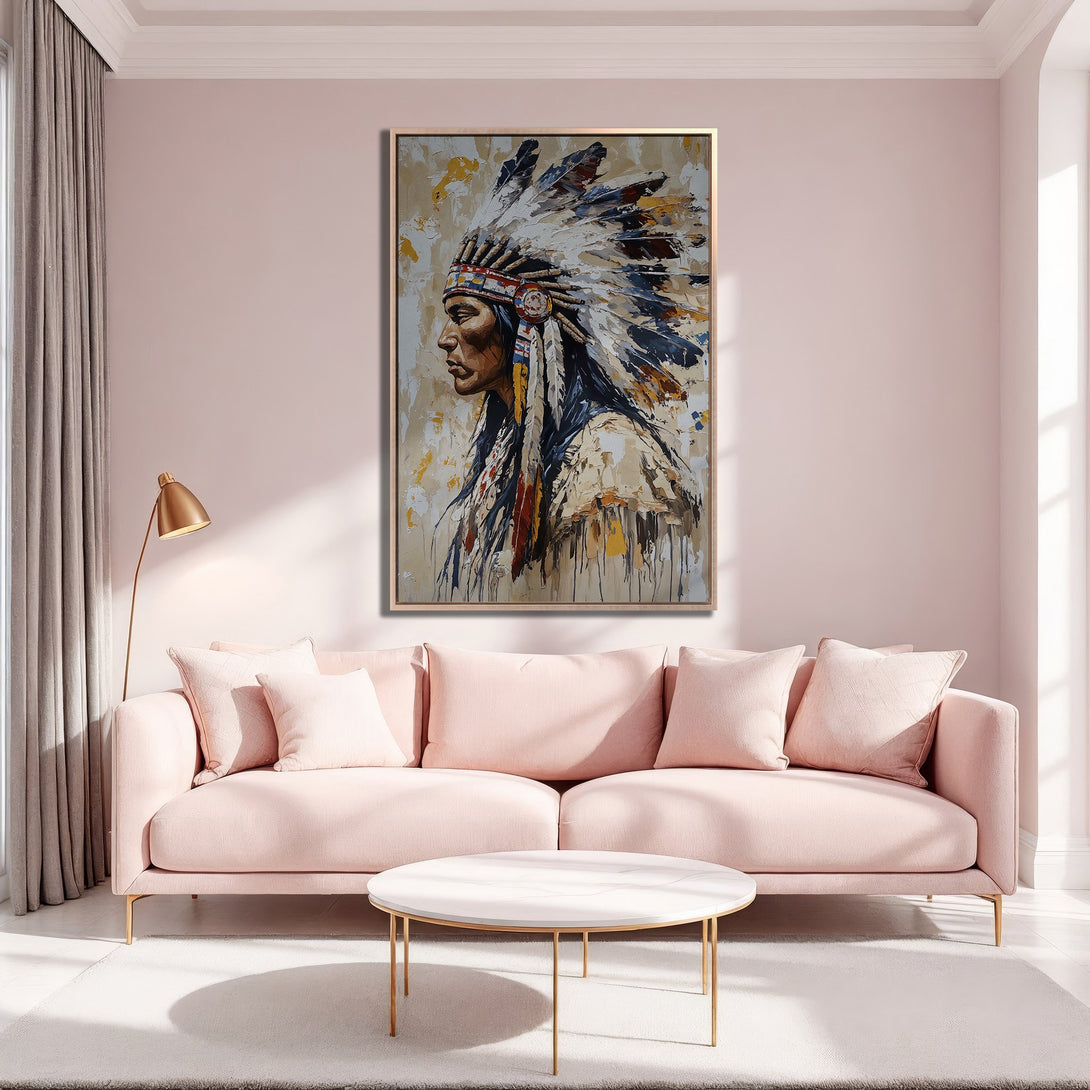 Framed Wall Art: Native American portrait in warm, neutral tones. Abstract style Canvas Print with a touch of history and elegance for your home decor.