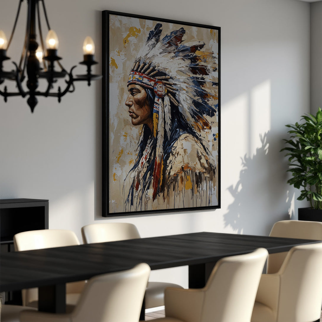 Framed Wall Art: Native American portrait in neutral tones. Add a touch of history and elegance to your space with this stunning Canvas Print.