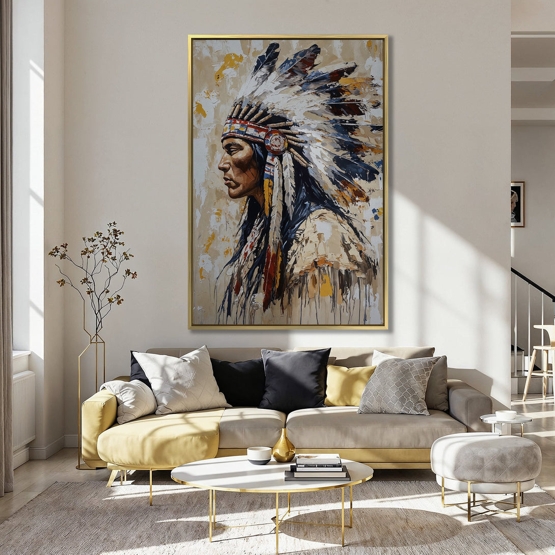 Canvas Print of Native American in profile, vibrant colors, abstract art style, perfect for home decor.