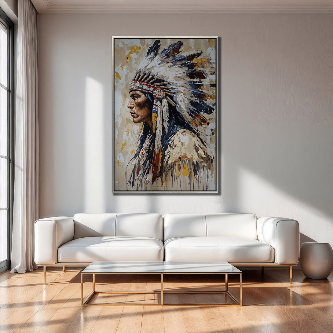 Framed Wall Art: Native American portrait in a modern style. Earthy tones of brown, beige, and blue create a striking piece for your home decor.