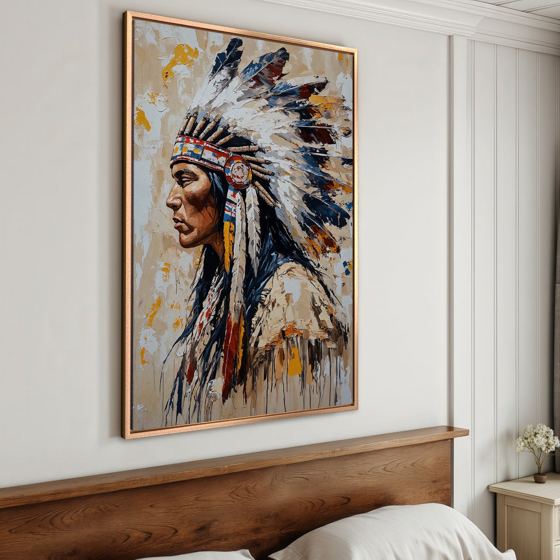 Framed Wall Art: Native American portrait in impressionist style. Warm beige, blue, and red color palette. Perfect for adding a touch of culture to your home.