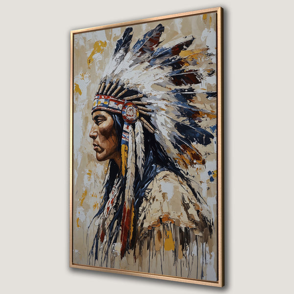 Framed Wall Art: Native American portrait canvas print in a textured, impressionistic style. Earthy tones with pops of blue, red, and yellow. Enhance your home decor!