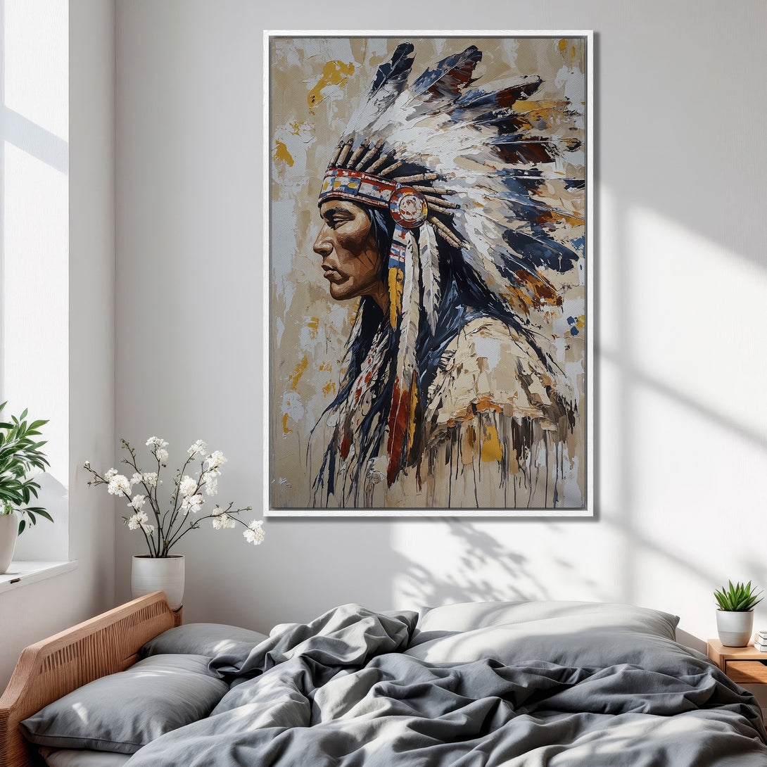 Framed Wall Art: Native American portrait in neutral tones. Modern canvas print with warm, earthy palette, perfect for bedroom decor.