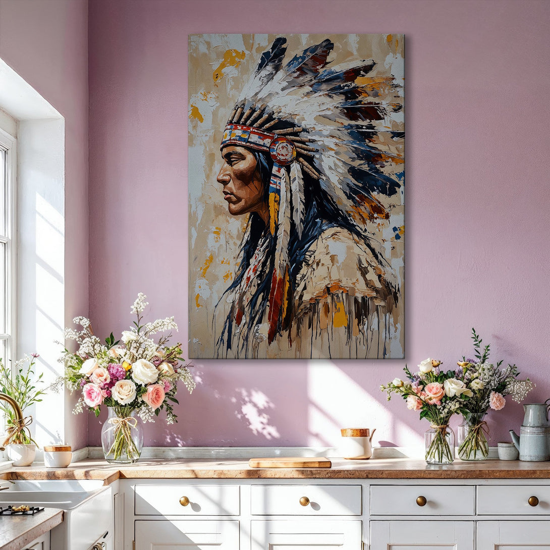 Framed Wall Art: Stunning Native American portrait in warm, earthy tones. Add a touch of elegance to your home with this beautiful canvas print.