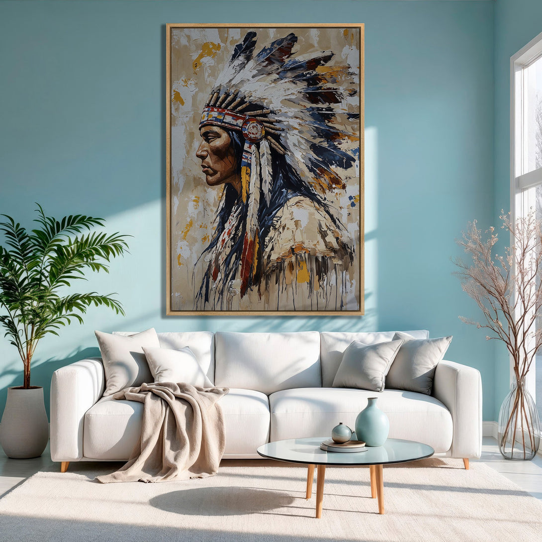 Framed Wall Art: Native American portrait in warm tones. Rustic style Canvas Print with a neutral and blue color palette, perfect for home decor.