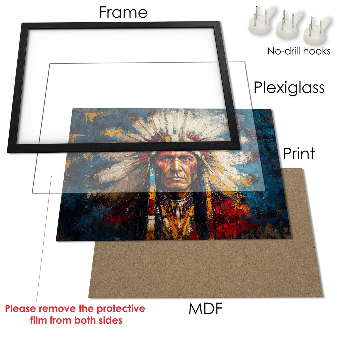 Framed Poster featuring an Indigenous Chief, abstract style, with a vibrant blue, red, and gold color palette. Add art to your walls!