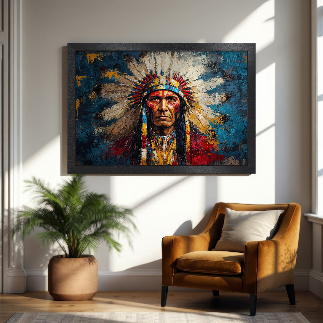 Framed Poster featuring a Native American portrait in an abstract style with a blue, red, and gold color palette. Perfect wall art!