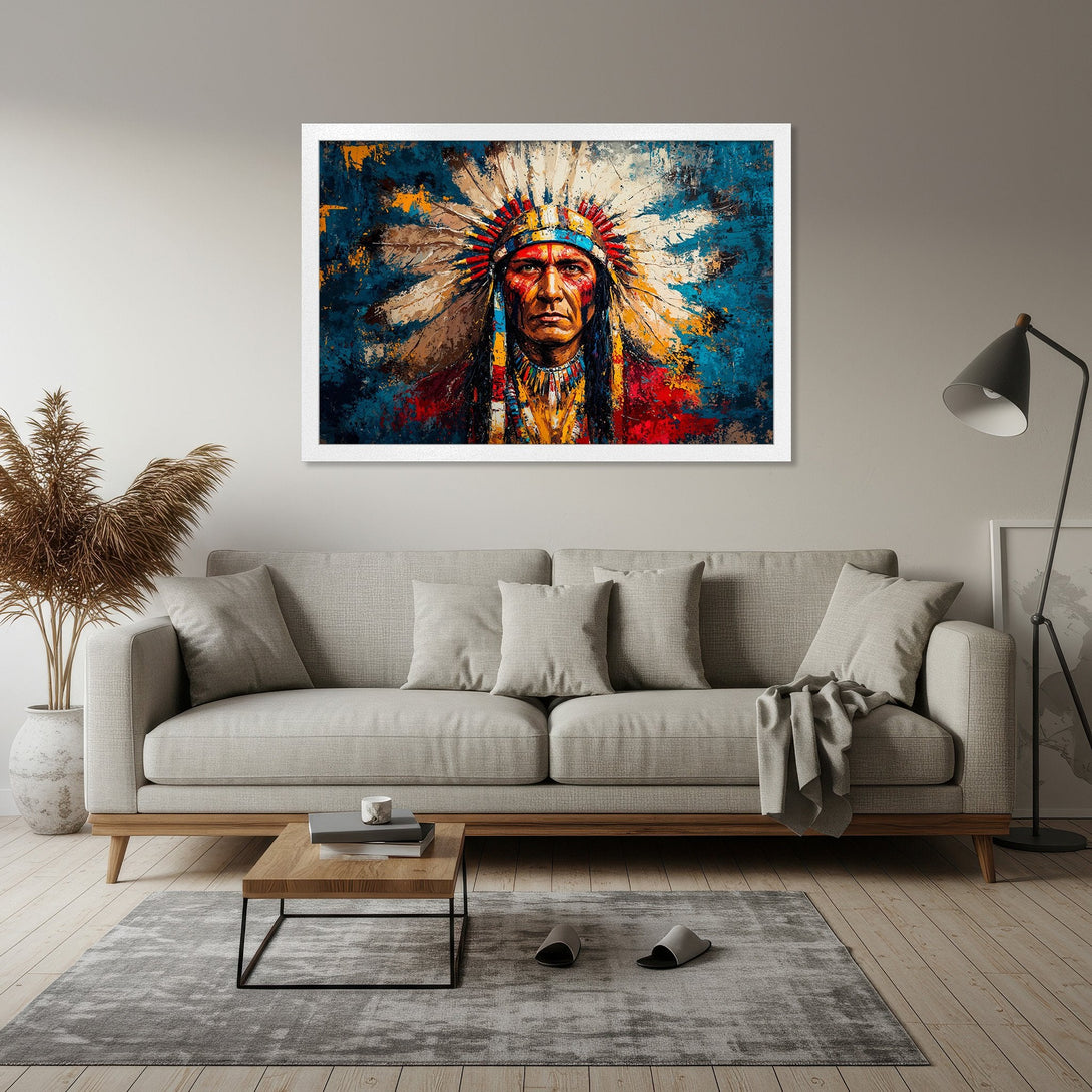 Framed Poster featuring Native American portrait in an abstract style with a blue, red, and gold color palette. Perfect wall art!