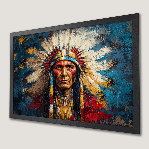 Framed Poster: Native American Chief portrait in abstract style, vibrant colors of blue, red, and yellow. Perfect wall art.