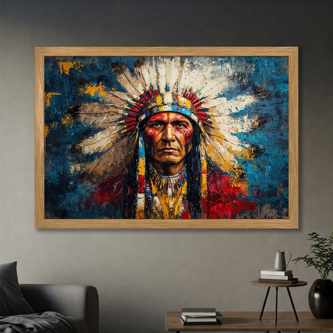 Framed Poster of Native American Chief in vibrant colors. Abstract art style with blue, red, and yellow palette. Perfect wall decor.