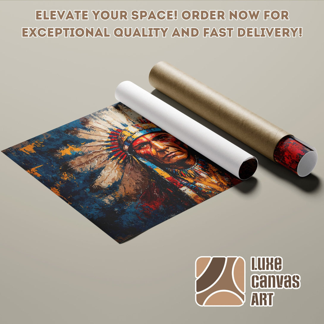 Native American portrait Poster Roll, abstract art, blue, red & brown palette. Elevate your space!