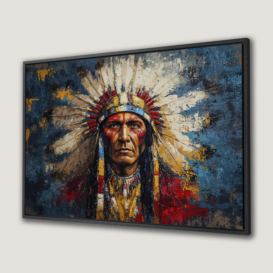 Framed Wall Art: Native American portrait, abstract style, vibrant blue, red, and yellow color palette. Perfect for adding culture to your space.