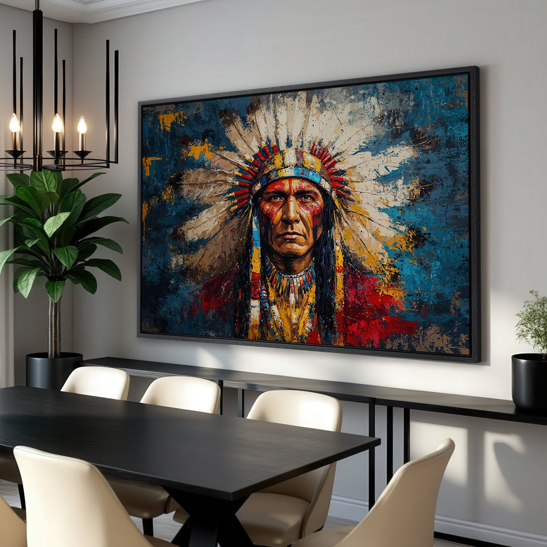 Framed Wall Art: Abstract portrait of a Native American chief in vibrant blues, reds, and yellows. Perfect for adding a touch of art to your dining room.