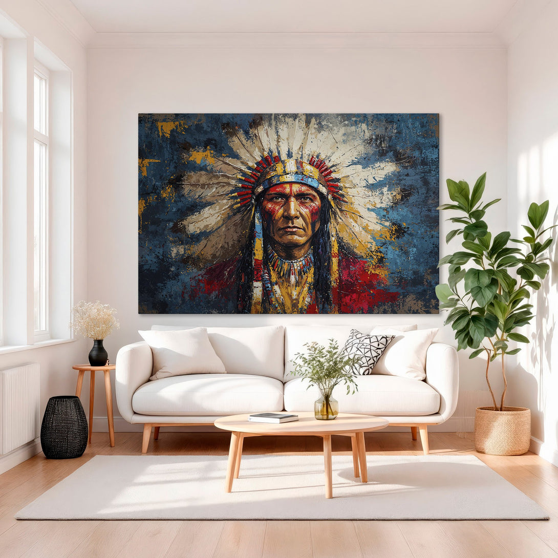 Framed Wall Art: Native American portrait in vibrant blues, reds, and gold. Abstract style canvas print adds a bold statement to any interior.