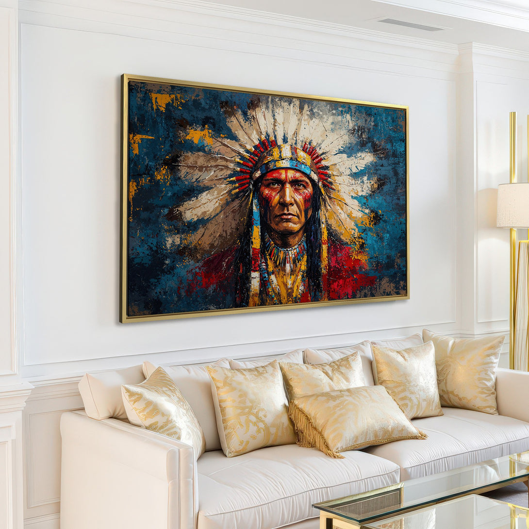 Canvas Print of Native American portrait in abstract style, featuring blue, red, and yellow hues. Perfect for adding a bold statement to your home decor.