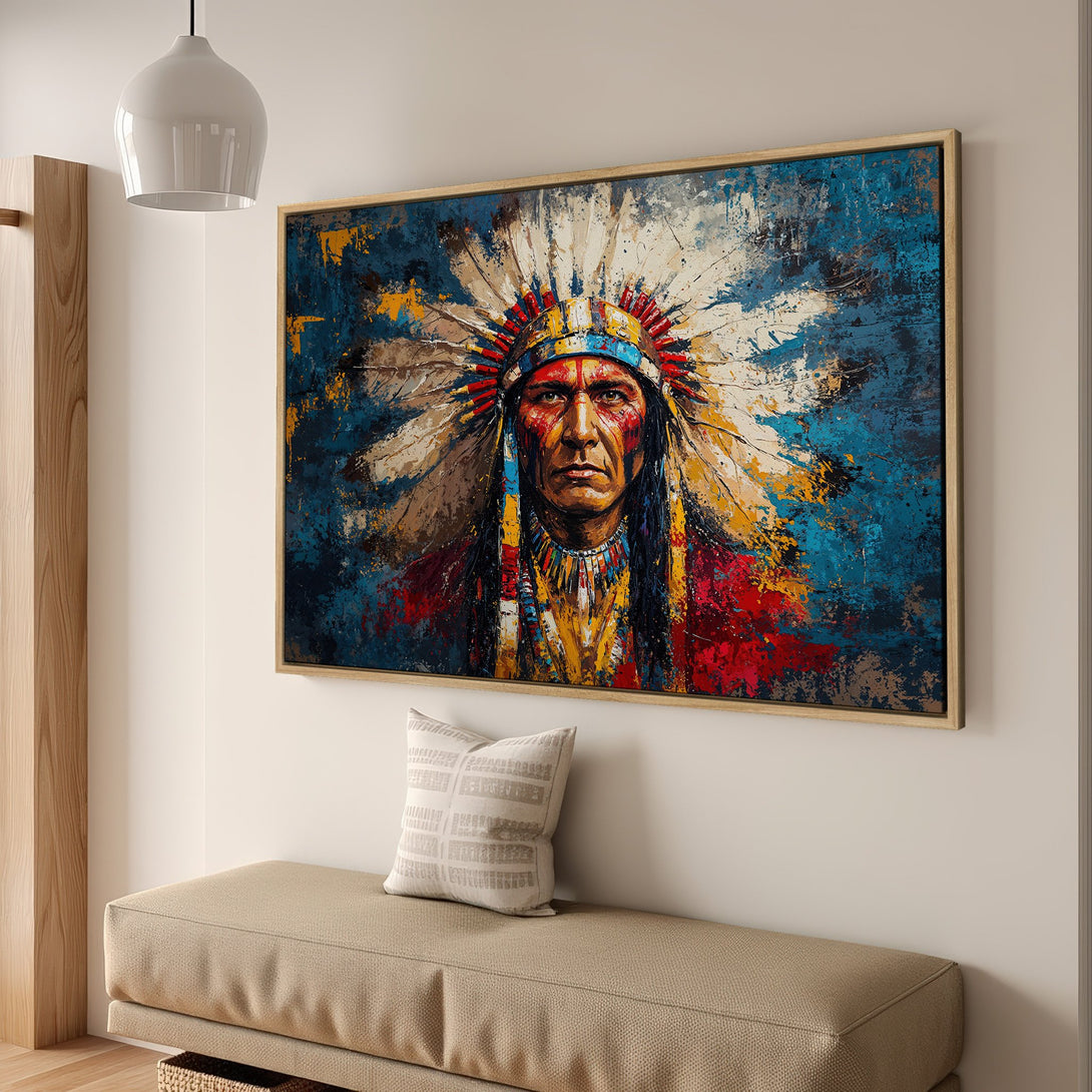 Framed Wall Art: Native American portrait canvas print with vibrant blues, reds, and yellows. Modern abstract style, perfect for home decor and adding a statement piece.