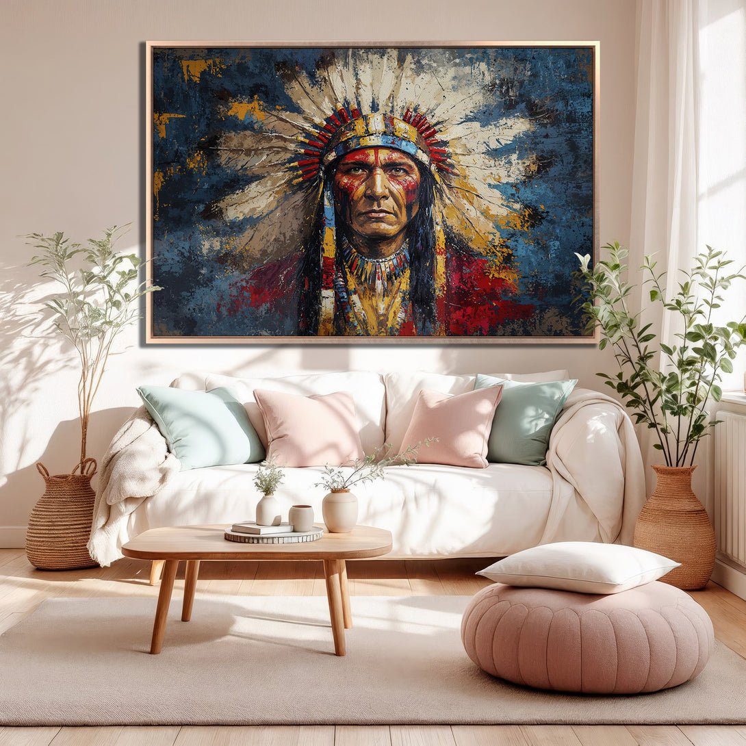 Framed Wall Art: Native American portrait Canvas Print in vibrant blues, reds, and yellows. Modern abstract style adds a touch of culture to any room.
