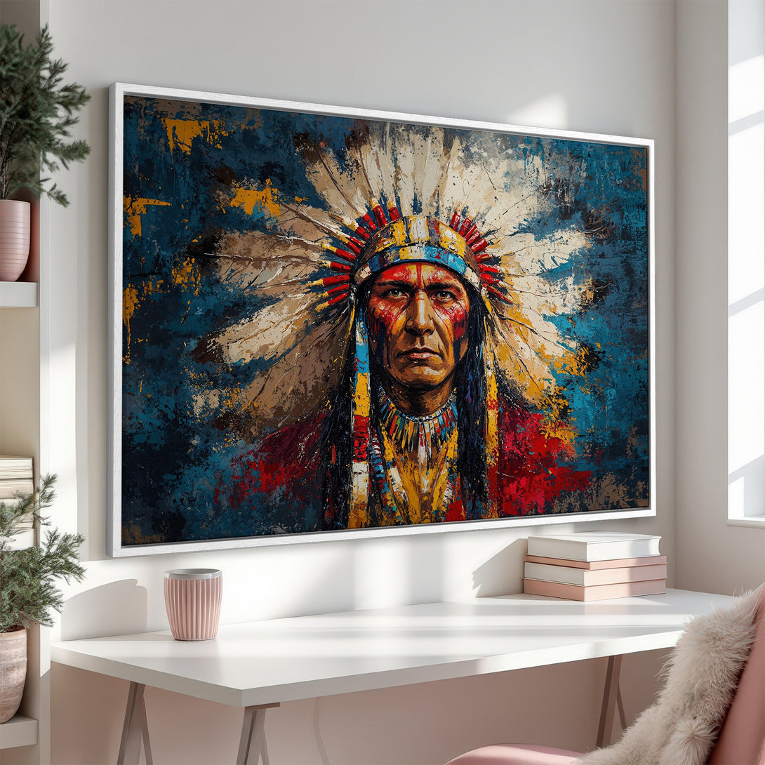 Framed Wall Art: Abstract Native American portrait in bold blues, reds, and yellows. Add a touch of history and art to your home.