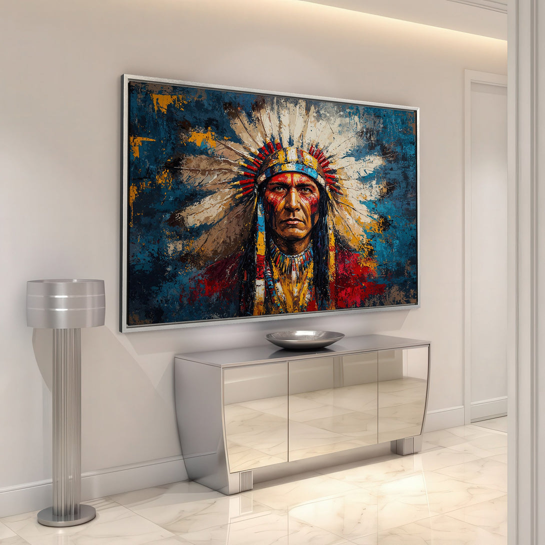 Framed Wall Art featuring a Native American chief in vibrant colors. Abstract style with a blue, red, and yellow palette. Perfect for adding a touch of art to your home!