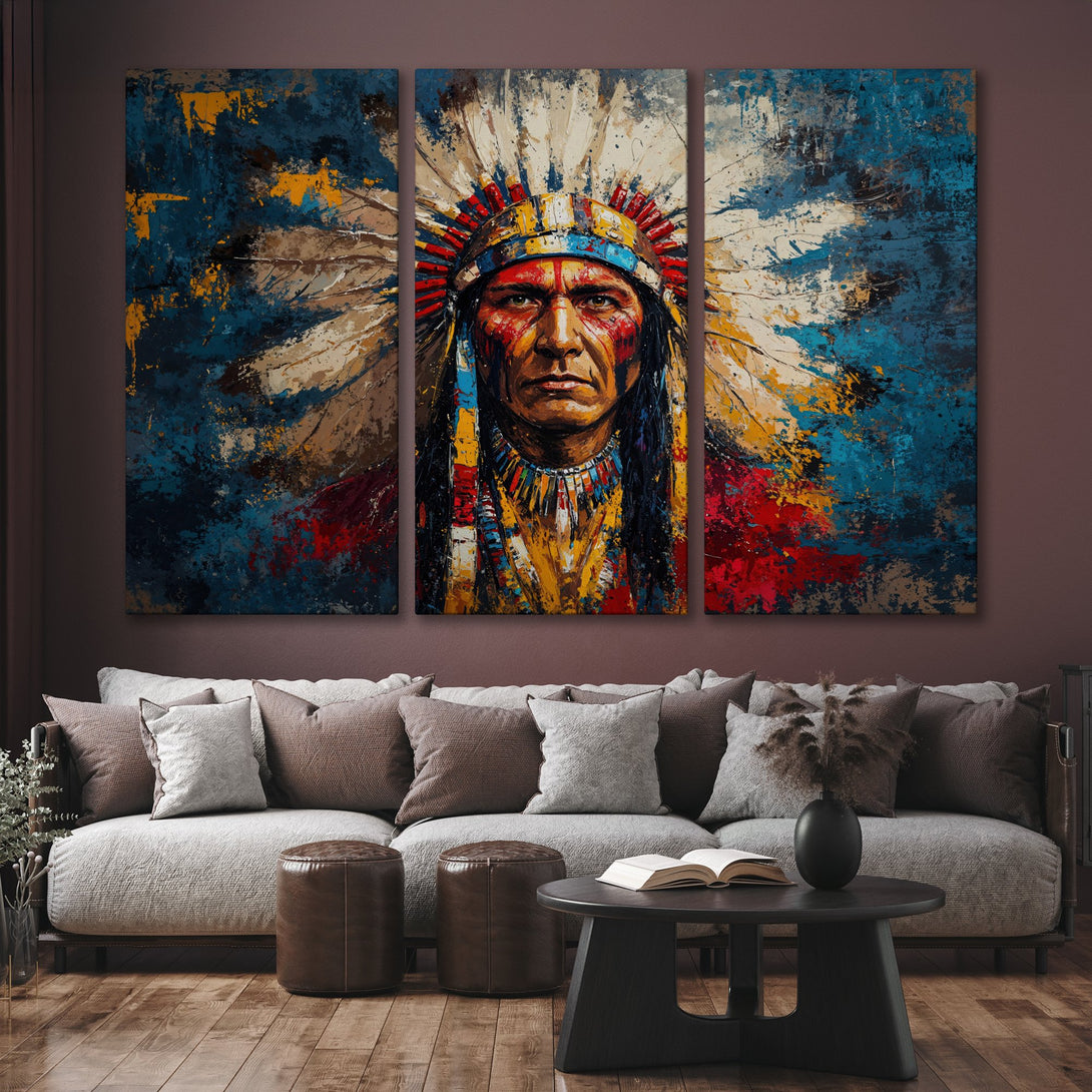 Canvas Print of Native American portrait, abstract style, vibrant blue, red, and yellow color palette. Add a touch of culture to your home!