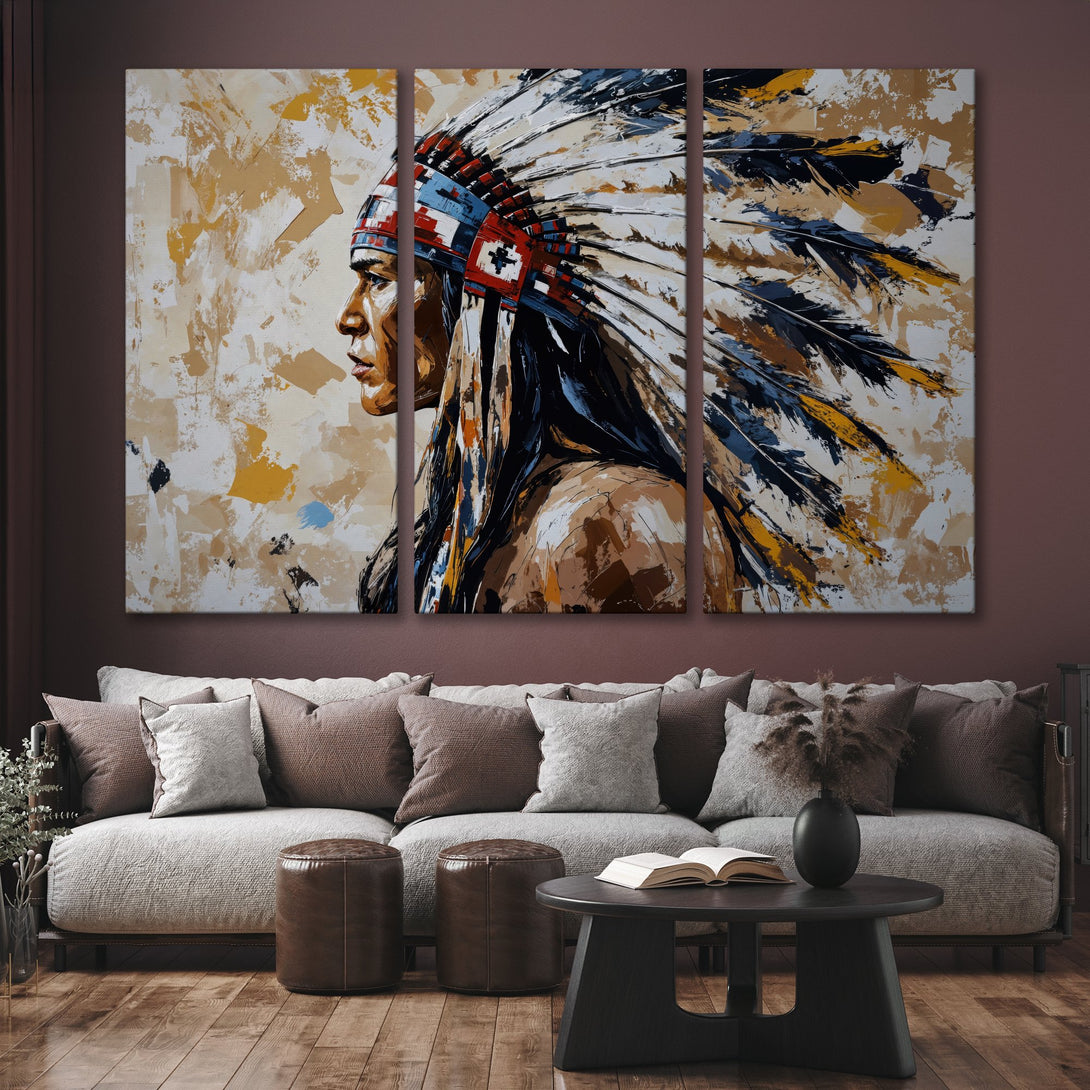 Canvas Print of Native American portrait in abstract style, featuring a warm, earthy color palette. Perfect for adding a touch of art to your home!