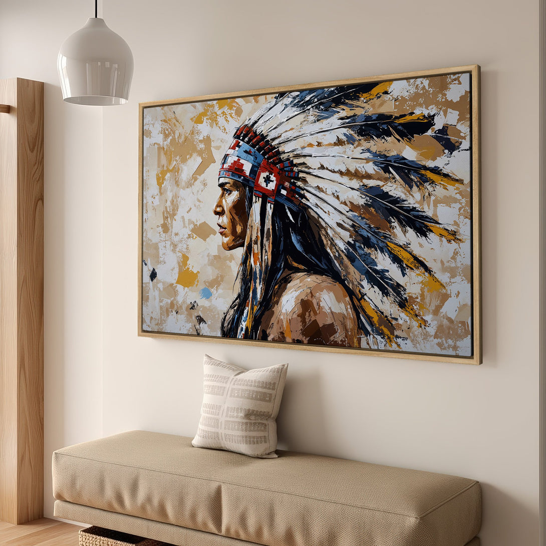 Framed Wall Art: Native American portrait Canvas Print in warm tones. Abstract style with earthy browns, blues, and yellows. Perfect for living room decor.