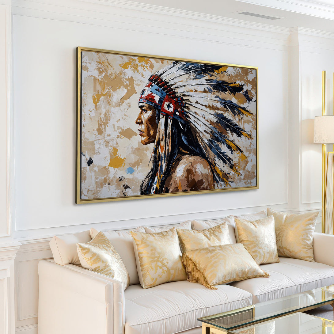 Canvas Print featuring Native American portrait art in a modern, textured style with neutral and earthy tones, perfect for living room decor.