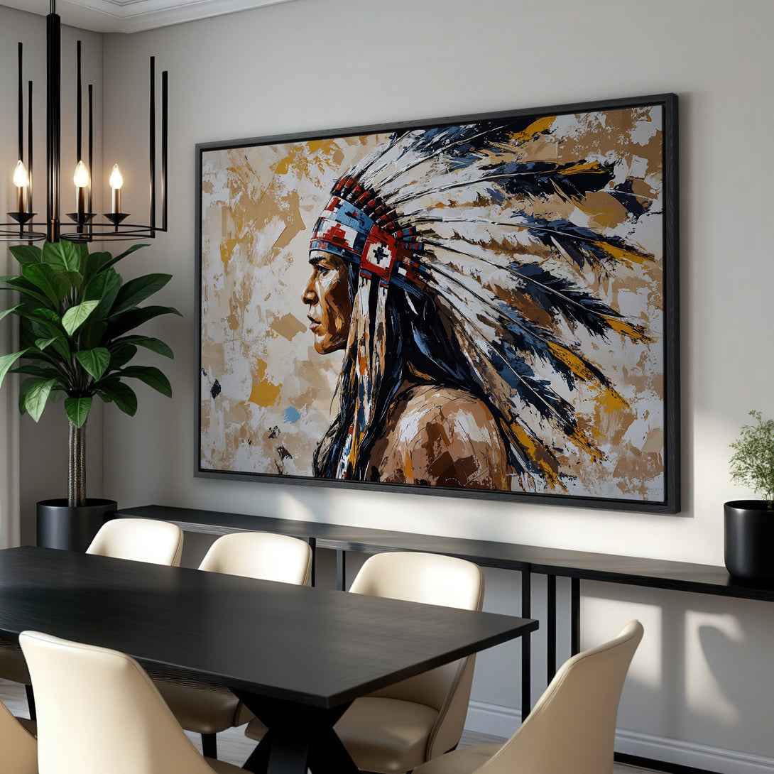 Framed Wall Art featuring a Native American chief in an abstract style. Earthy tones with pops of blue and red. Perfect for modern decor.