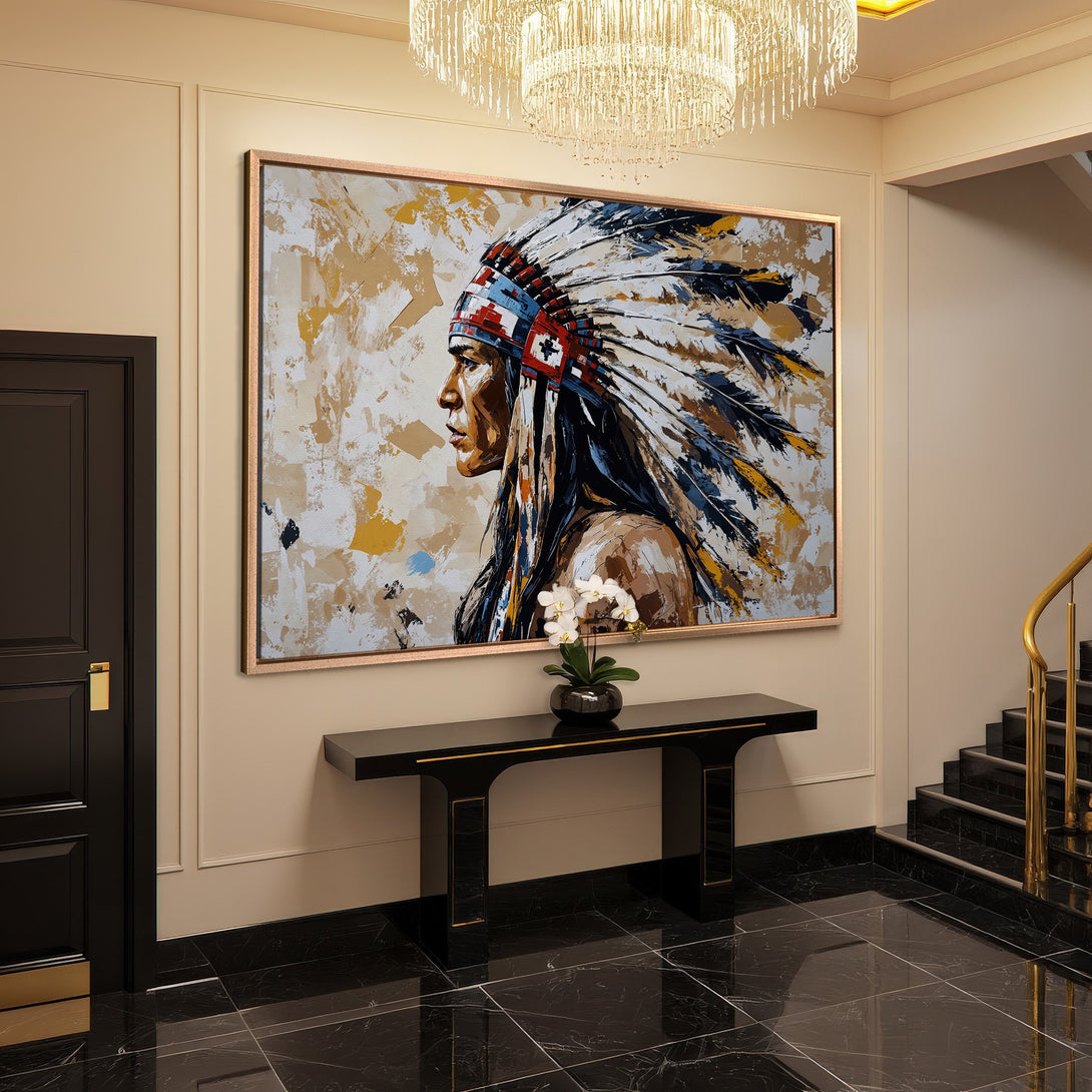 Framed Wall Art: Native American portrait canvas print in a modern interior. Features a warm, neutral palette with pops of blue, red, and yellow. Elevate your space!