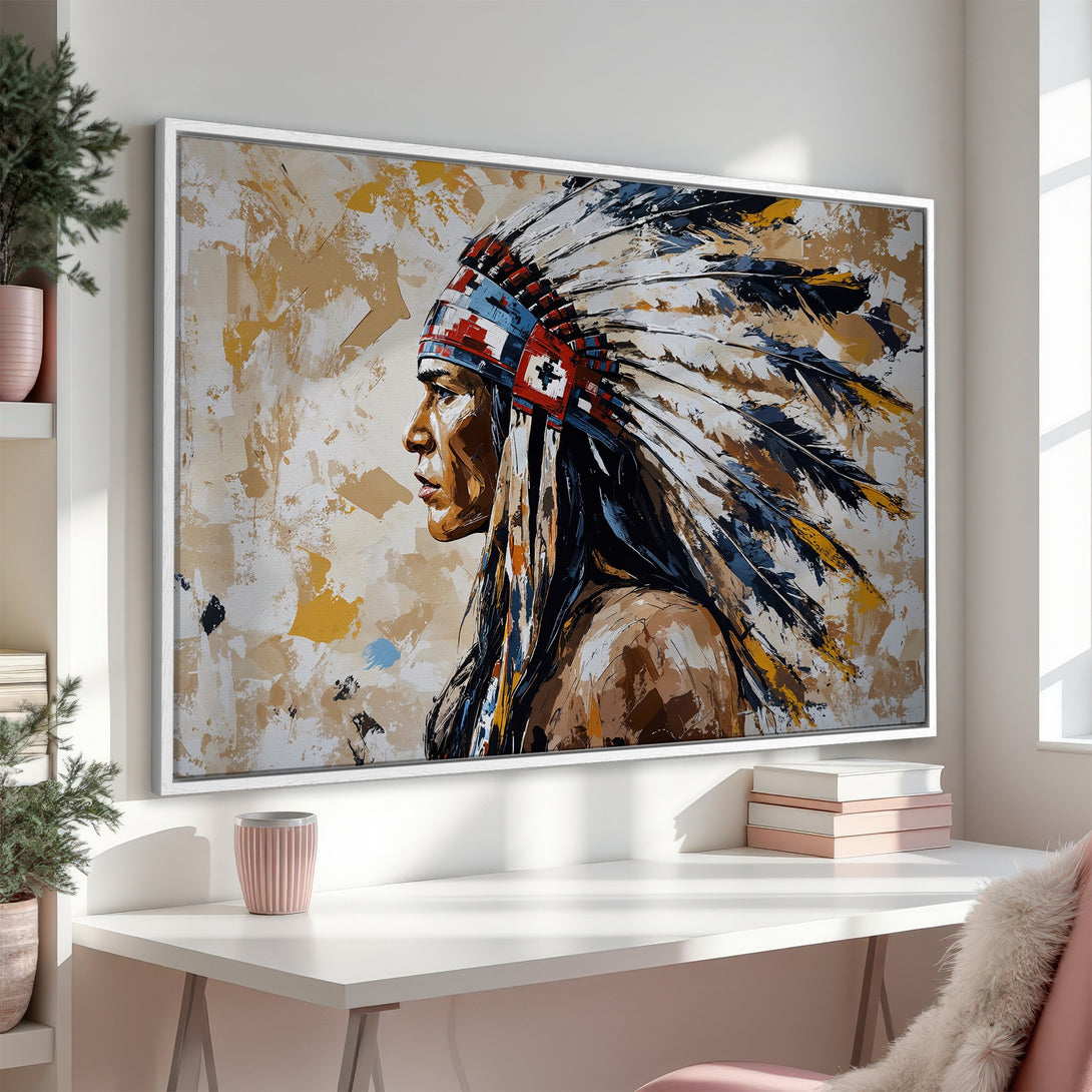 Framed Wall Art: Native American portrait in abstract style. Earthy tones with pops of blue and red. Perfect for adding a touch of culture to your space.