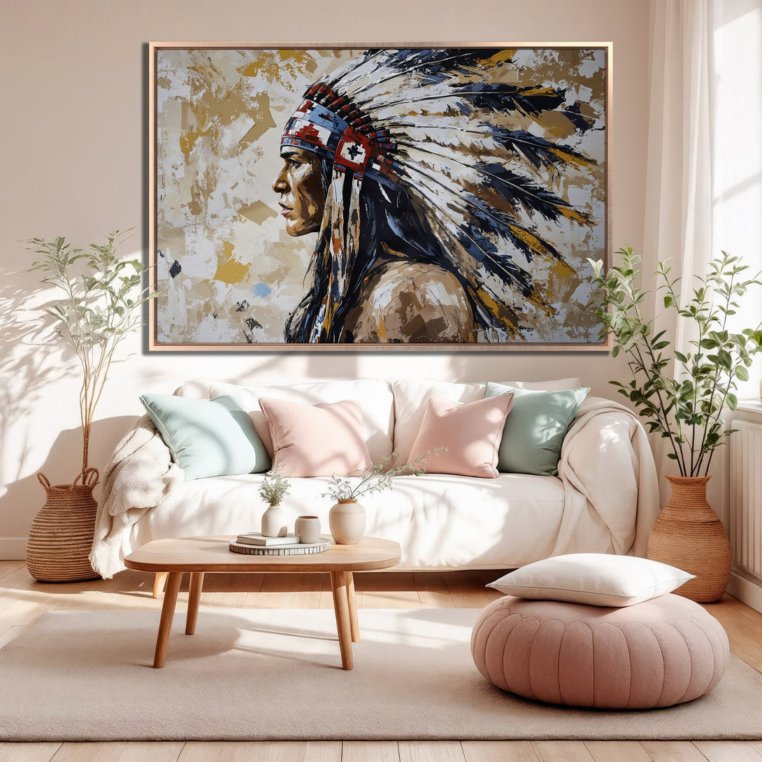 Framed Wall Art: Native American portrait in a modern, abstract style. Earthy tones with pops of blue and red create a warm, inviting living room.