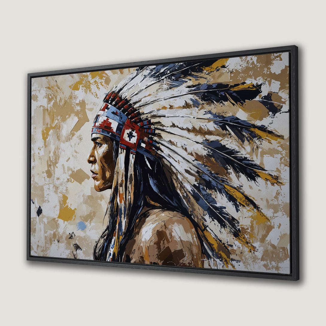 Framed Wall Art: Native American portrait in bold, textured style. Earthy tones with pops of blue and red. Add a touch of history to your space!