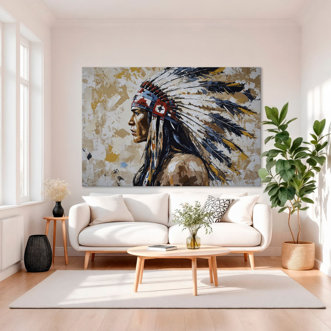 Framed Wall Art: Native American portrait in warm tones. Abstract style, gold frame. Perfect for living room decor. Shop Canvas Prints today!