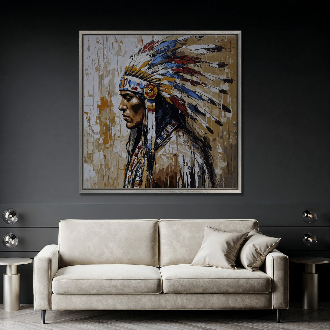 Framed Wall Art: Native American portrait in neutral tones. Abstract style Canvas Print with a warm, earthy color palette. Perfect for modern home decor.