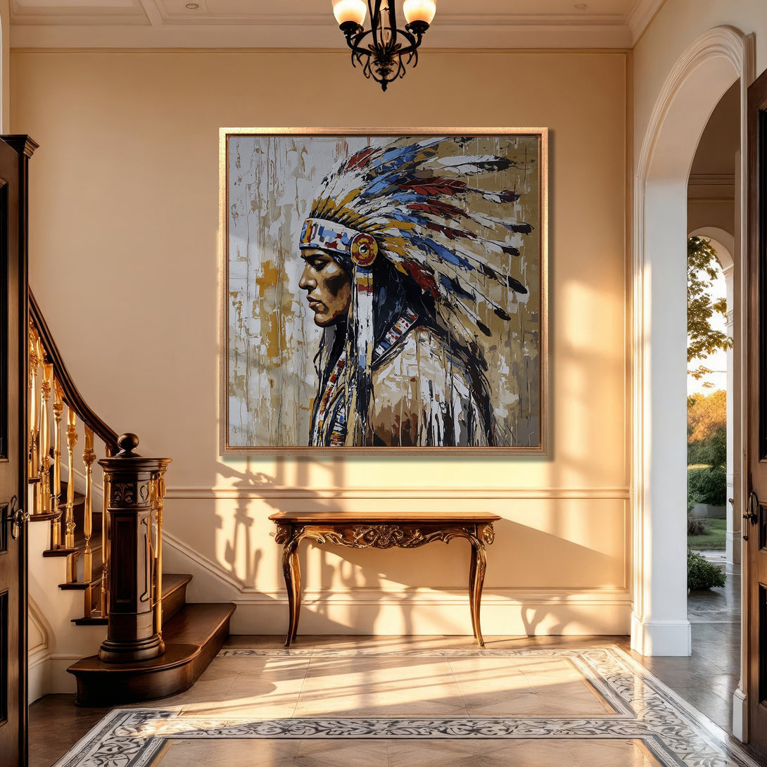 Framed Wall Art: Native American portrait in warm tones. Stunning canvas print with vibrant blues, reds, and golds, perfect for adding art to any room.
