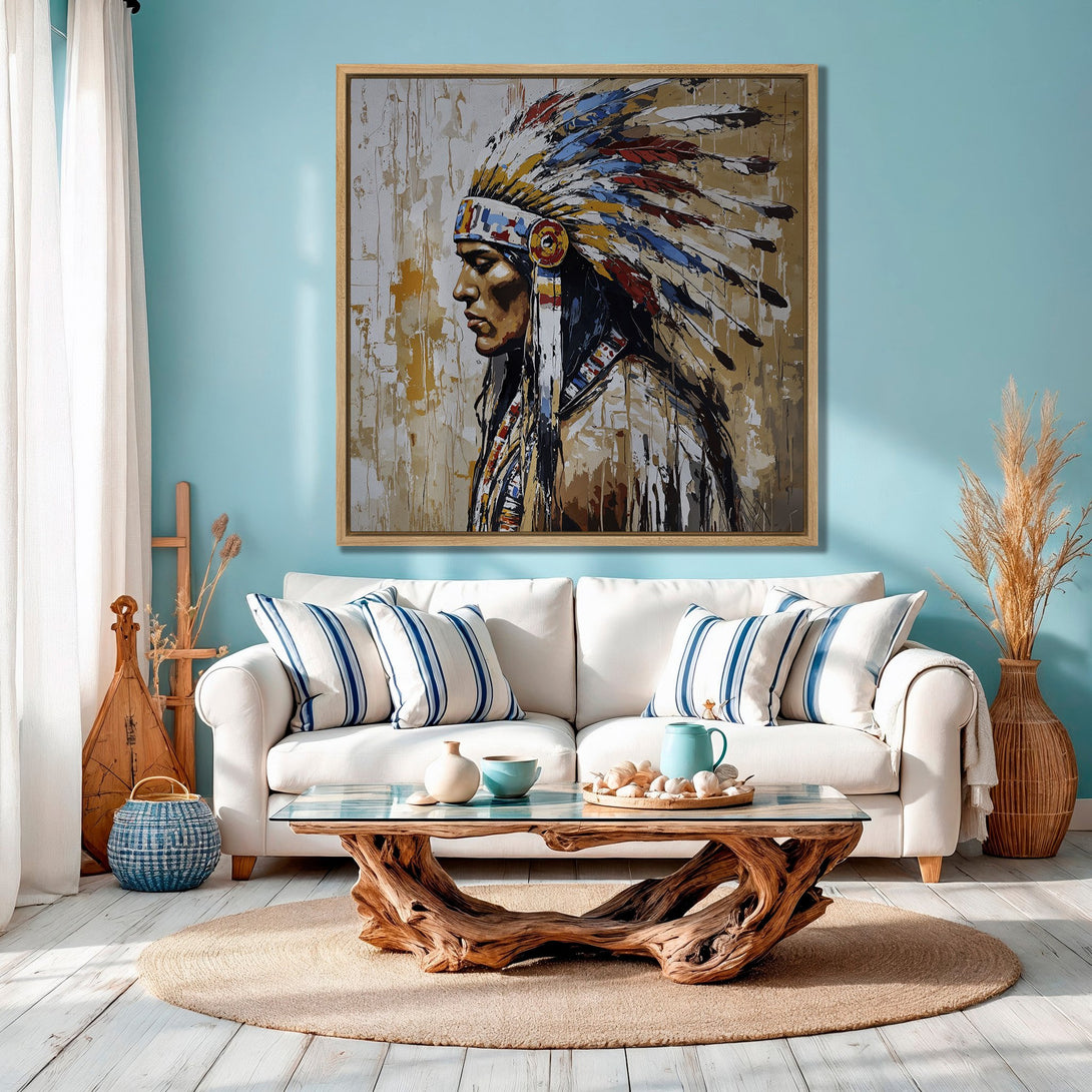 Framed Wall Art featuring a Native American portrait in warm earth tones. Perfect for adding a touch of boho style to your living room.