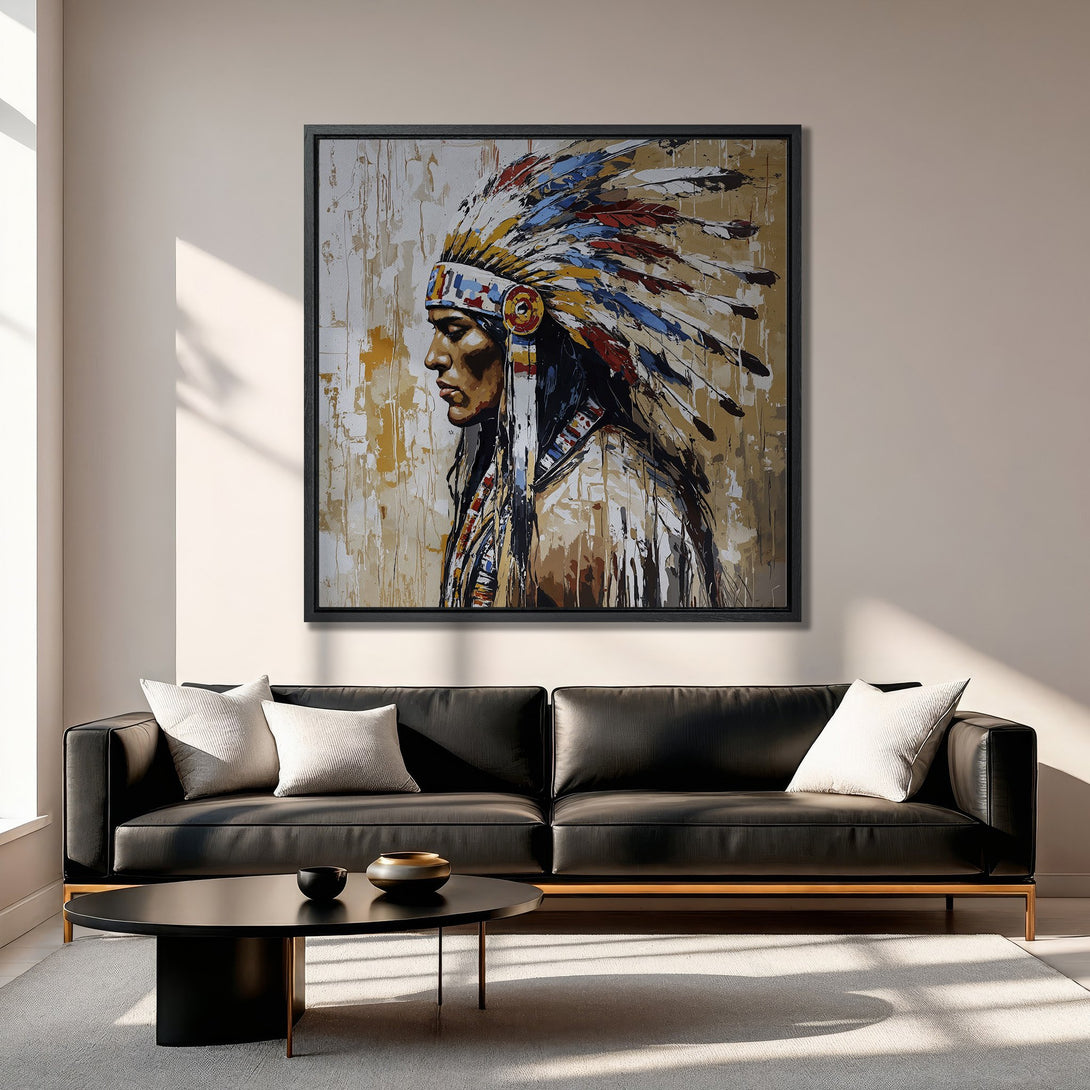 Framed Wall Art: Native American portrait in warm tones. Abstract style canvas print with a neutral color palette, perfect for modern living room decor.
