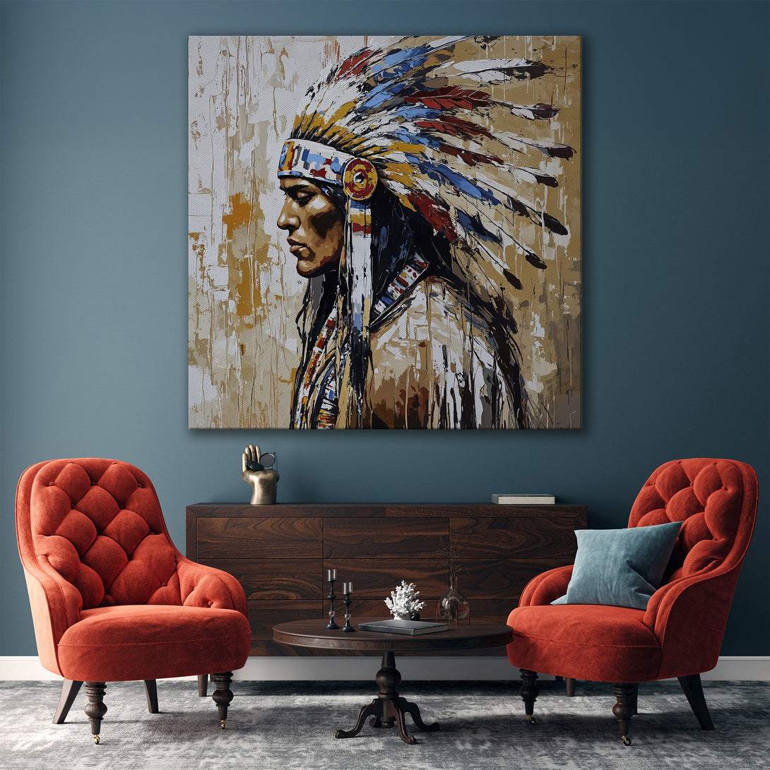 Framed Wall Art: Native American portrait in warm, neutral tones. Modern living room decor featuring a canvas print with a gold frame.