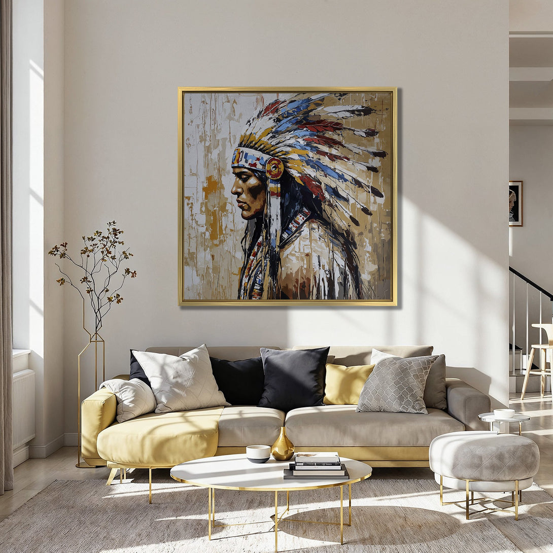 Canvas Print of Native American portrait, abstract style, warm earth tones & blue accents. Perfect for living room decor.