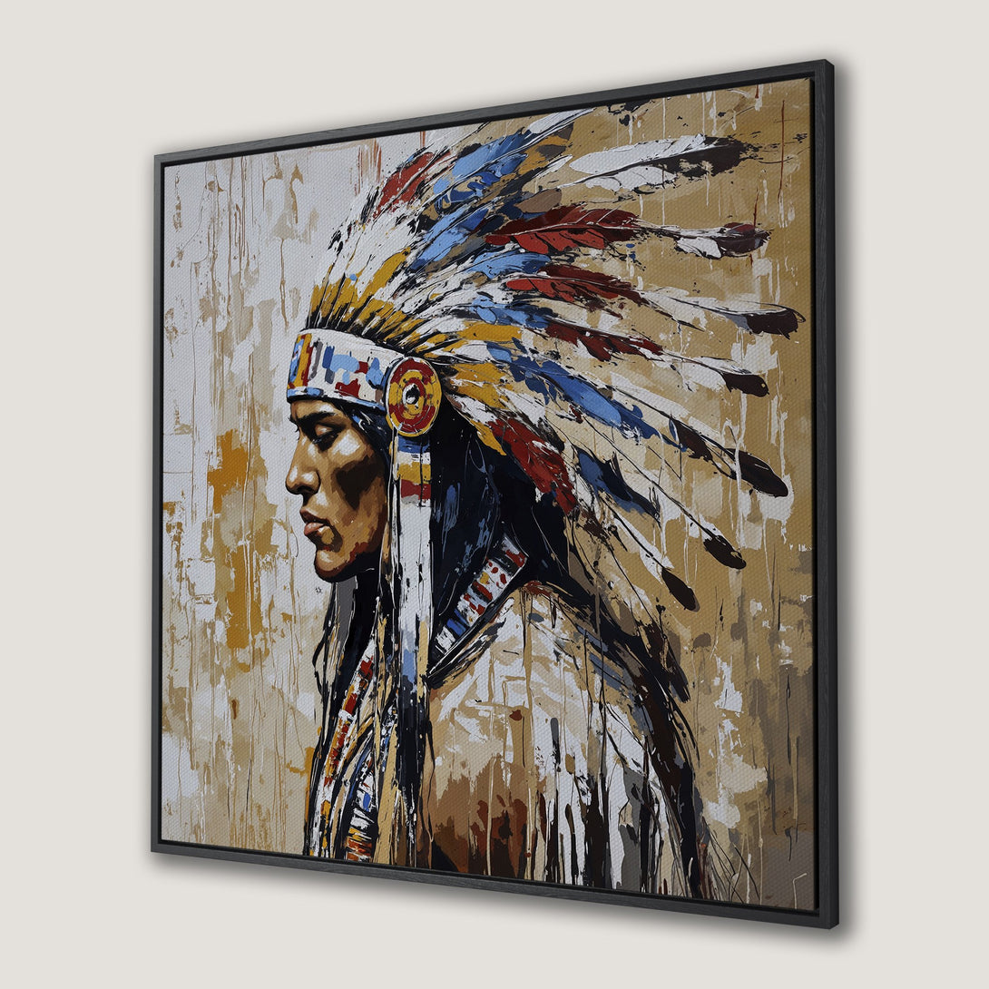 Framed Wall Art: Abstract portrait of a Native American in warm earth tones with pops of blue and red. Add a touch of culture to your decor!