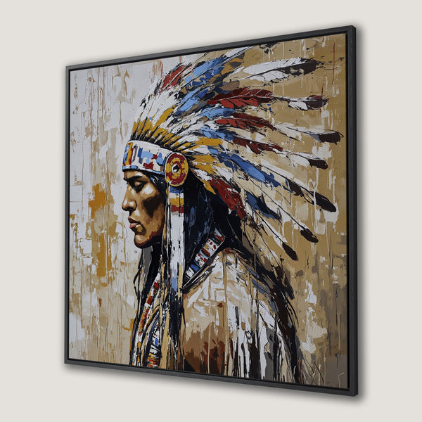 Framed Wall Art: Abstract portrait of a Native American in warm earth tones with pops of blue and red. Add a touch of culture to your decor!