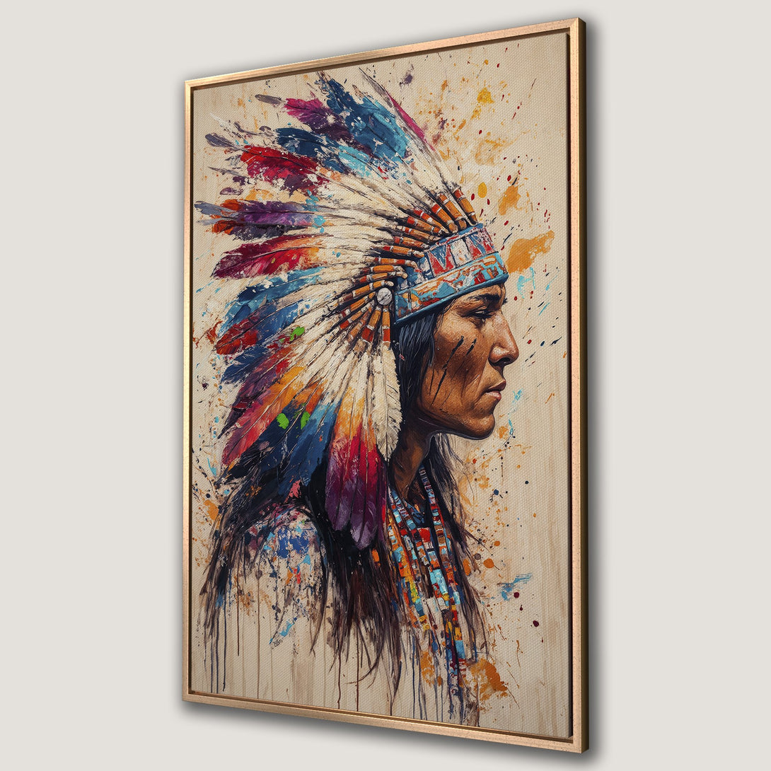 Framed Wall Art: Native American portrait in vibrant watercolor style. Colorful headdress and warm earth tones. Perfect for adding artistic flair to any space.
