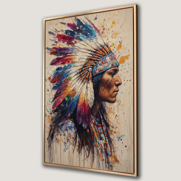 Framed Wall Art: Native American portrait in vibrant watercolor style. Colorful headdress and warm earth tones. Perfect for adding artistic flair to any space.